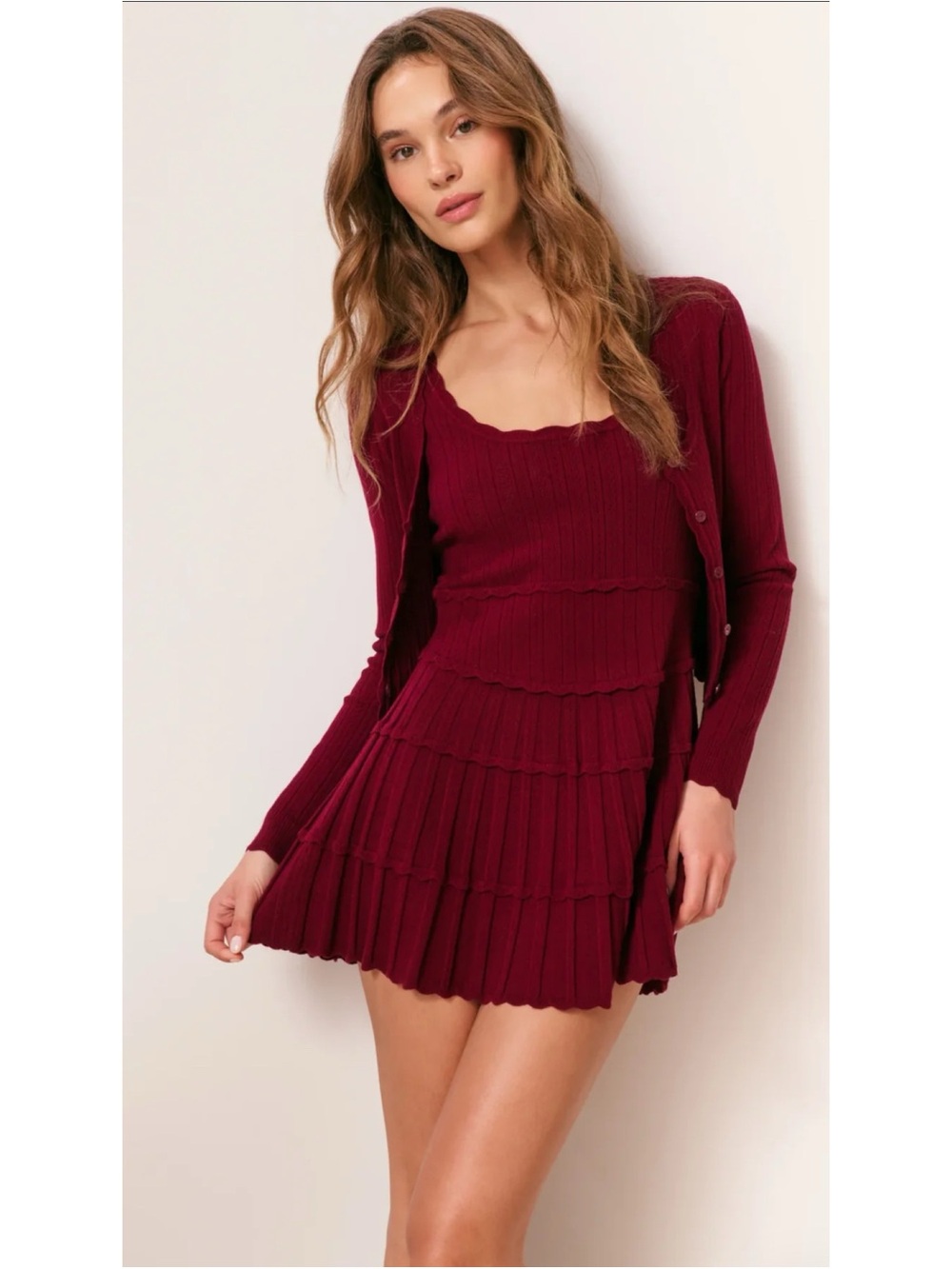 NWT LoveShackFancy Ribbed Martti  Button-Front Cardigan - Spiced Berry, XS